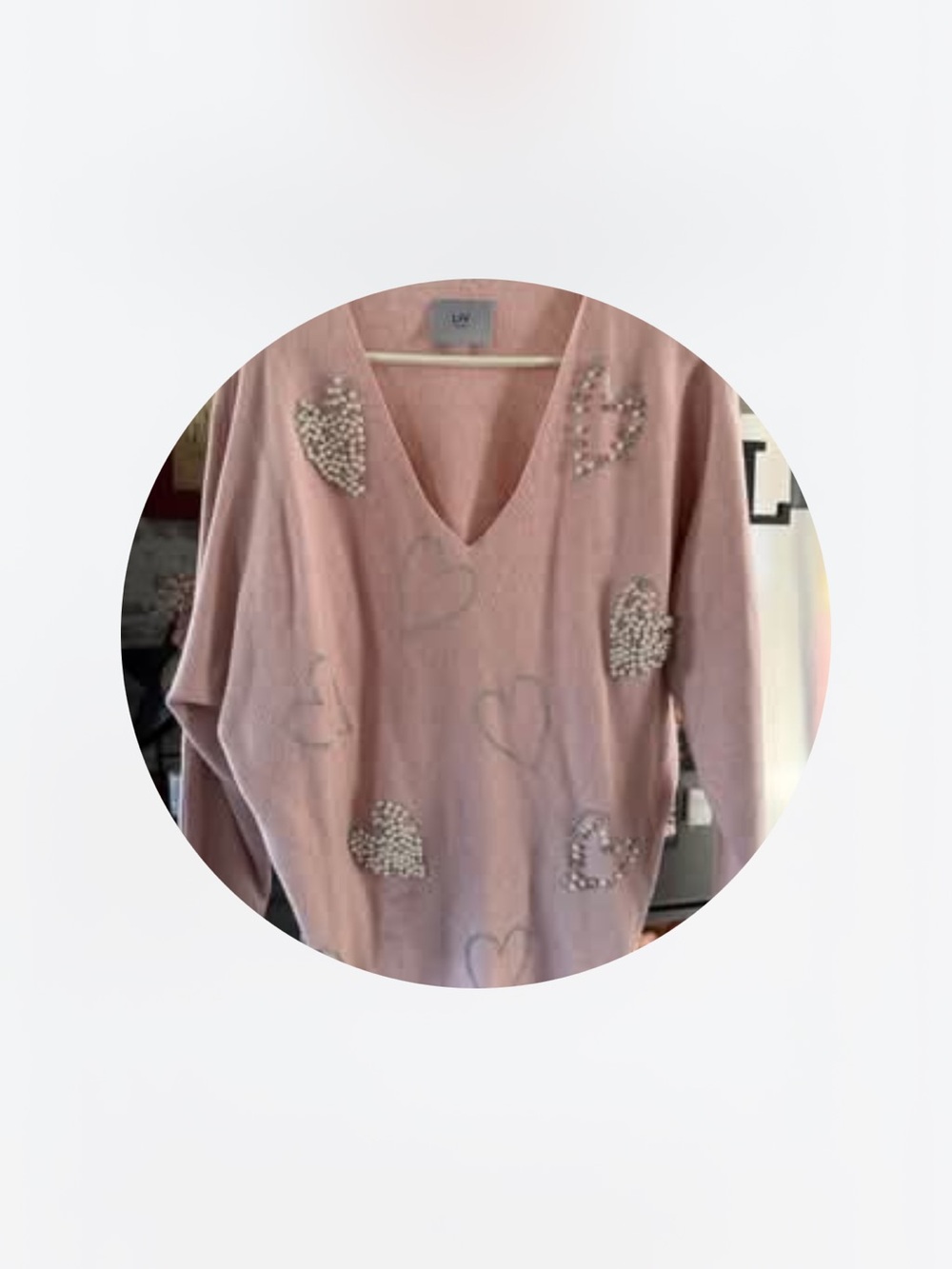Milano Blush Pink V-Neck Sweater with Pearl Heart Accents